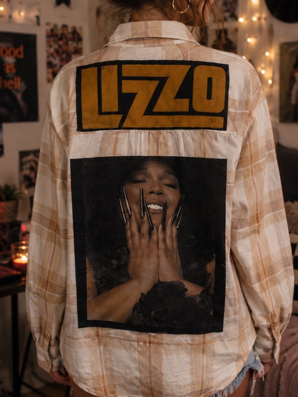 Lizzo upcycled custom flannel shirt black graphic tee on back bespoke